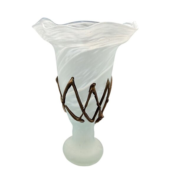 Antique Romanian Ravert Romblast Green Satin Swirl Vase Copper Wrap Accent - Picture 4 of 6